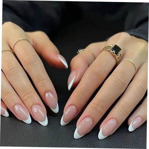 24Pcs French False Nails Almond Fake Nails with Glue Press o