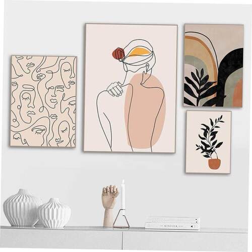 Abstract Line Face Art Leaves Painting Wall Art Home Decor