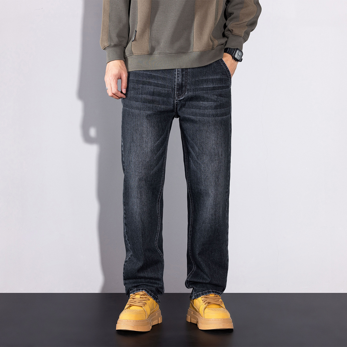 不束缚泥灰色牛仔裤男宽松直筒潮