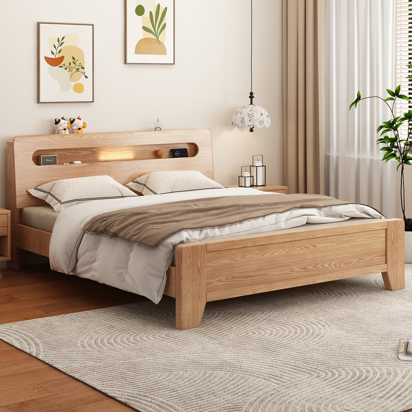 席歌子简约现代双人床橡木夜灯床