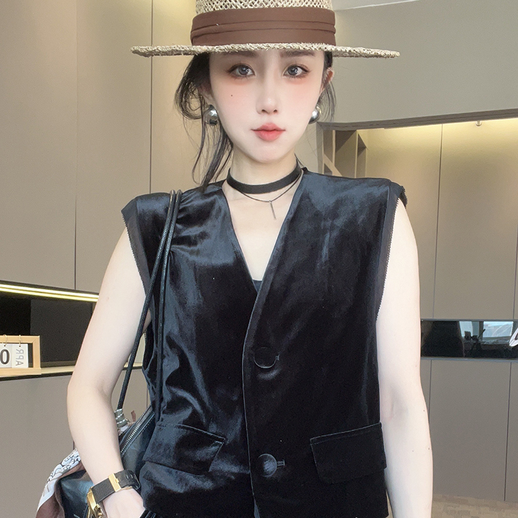 丝绒马甲女2025秋季新款欧洲站网纱拼接V领外套单排扣无袖上衣