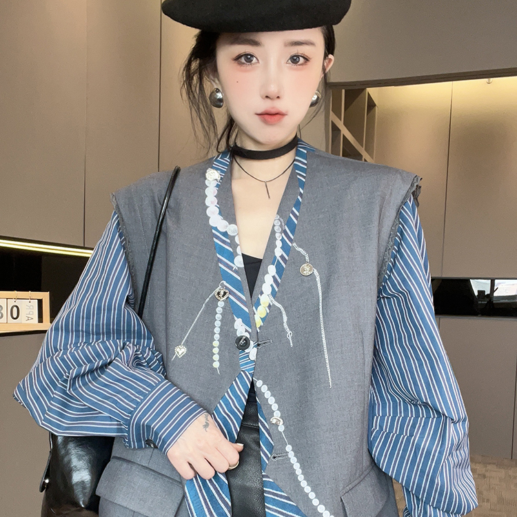 外套女2025秋季新款欧洲站条纹拼接西服重工钉珠西装V领长袖上衣