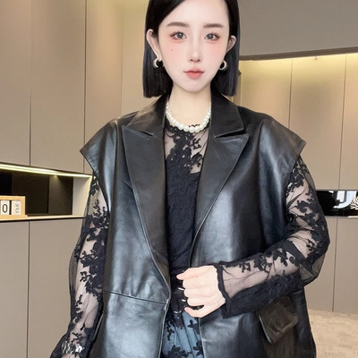 皮马甲女2025春季新款纯色绵羊皮外套中长款皮衣宽松无袖真皮上衣