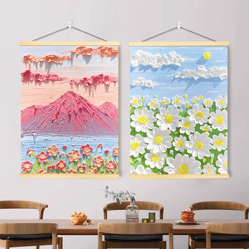 ins韩风治愈风景手绘创意卷轴挂画油画棒温馨卧室房间墙壁装饰画