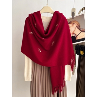 红色围巾女冬季新娘敬酒服披肩外搭婚礼结婚马本命年妈妈斗篷披风