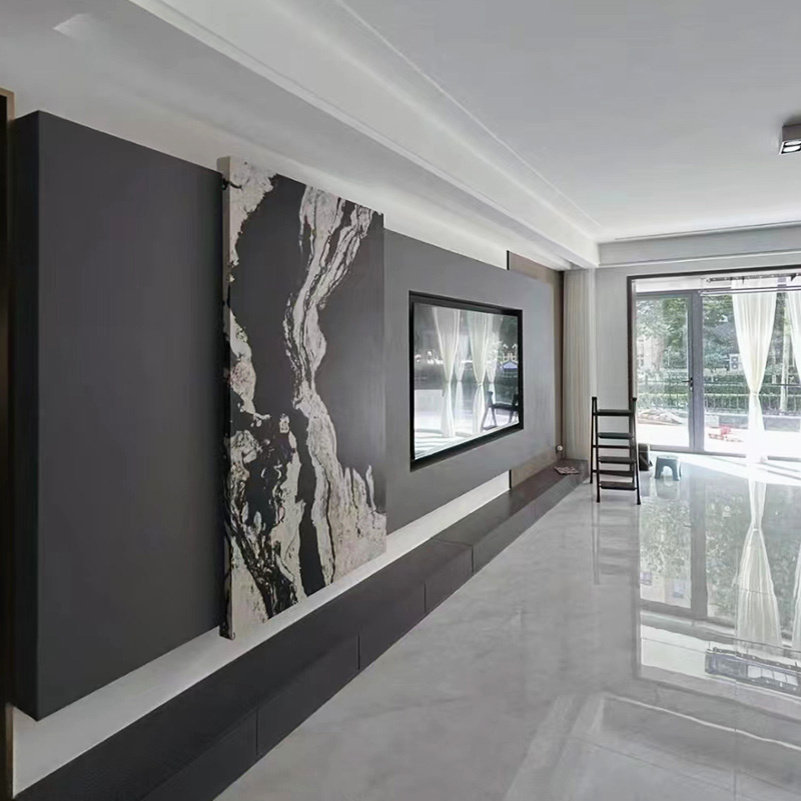 现代简约岩板电视背景墙大理石客厅瓷砖轻奢实木格栅悬空柜影视墙