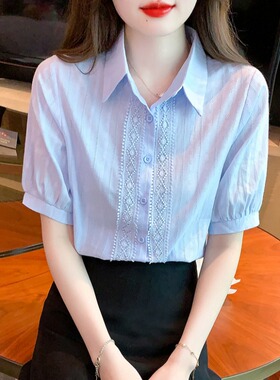 高级感蓝色衬衣夏季polo领欧货薄百搭女T恤短袖衬衫遮肚上衣0522k