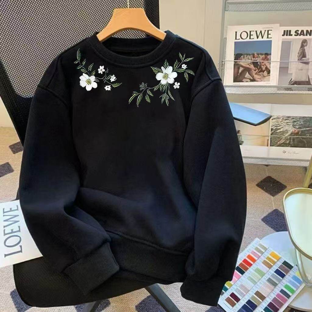 美式花朵秋冬印花情侣卫衣宽松藤蔓百合男女加绒加厚重磅圆领无帽