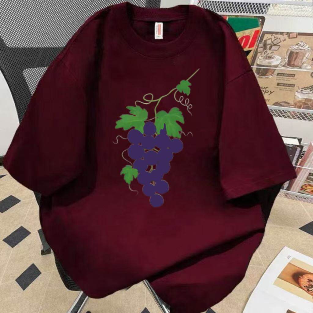酒红色纯棉短袖t恤男女夏季爆款葡萄设计感印花高级情侣上衣半袖