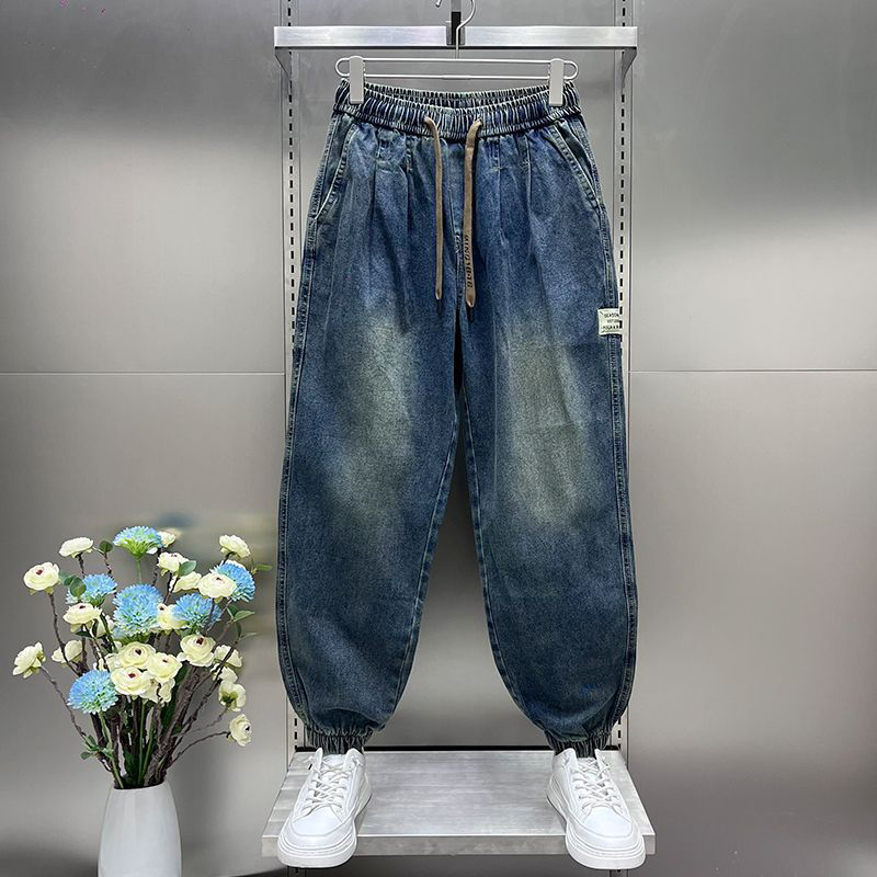 牛仔裤男潮牌夏季新款束脚裤长裤宽松百搭时尚褶皱潮流痞帅哈伦裤
