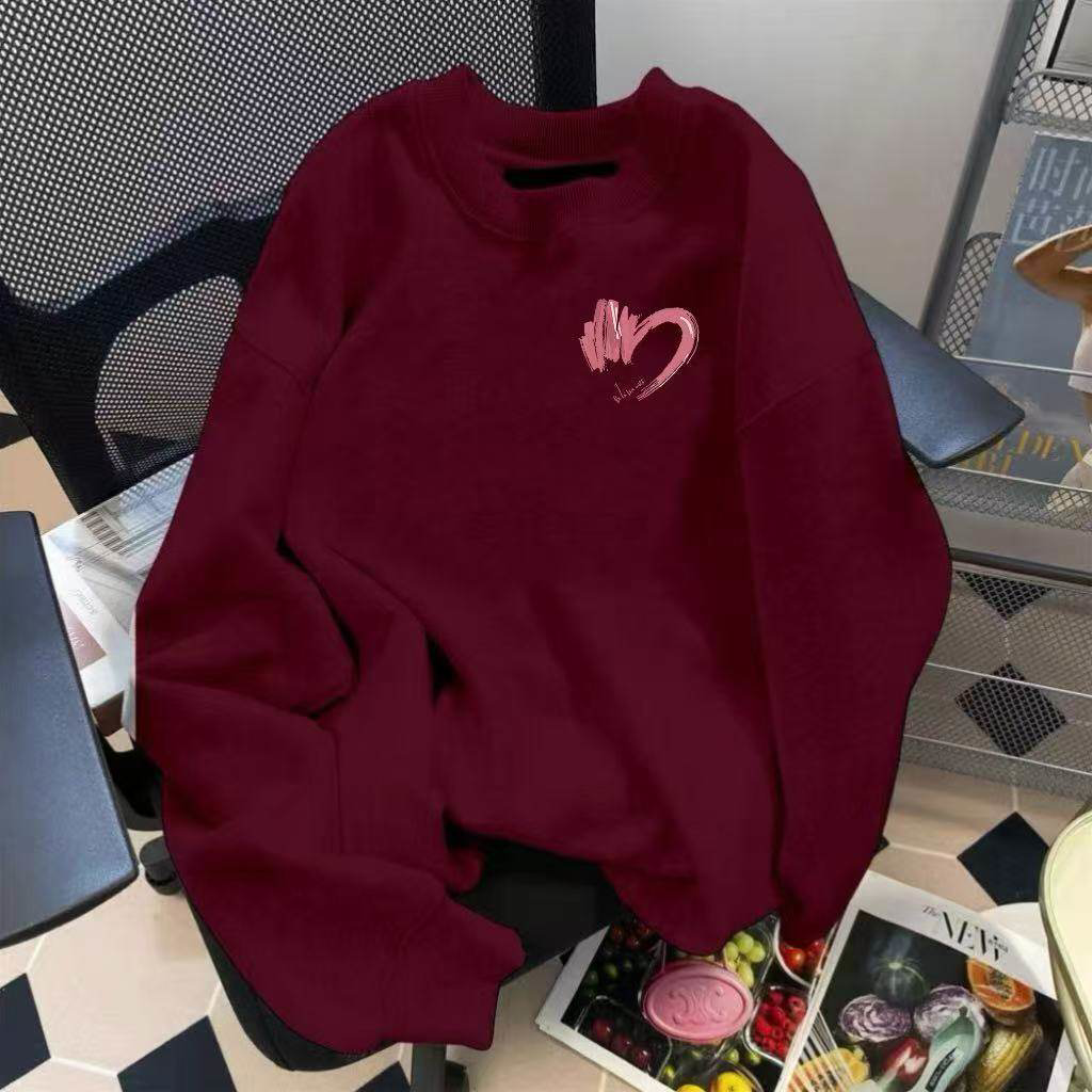 爱心卫衣秋冬高级感酒红色圆领外套冬季加绒加厚潮牌打底衫