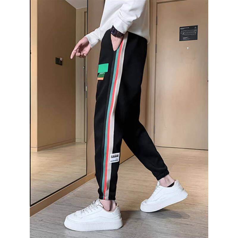 秋冬款男士运动裤网红新款痞帅加绒休闲高级感春季条纹九分小脚裤