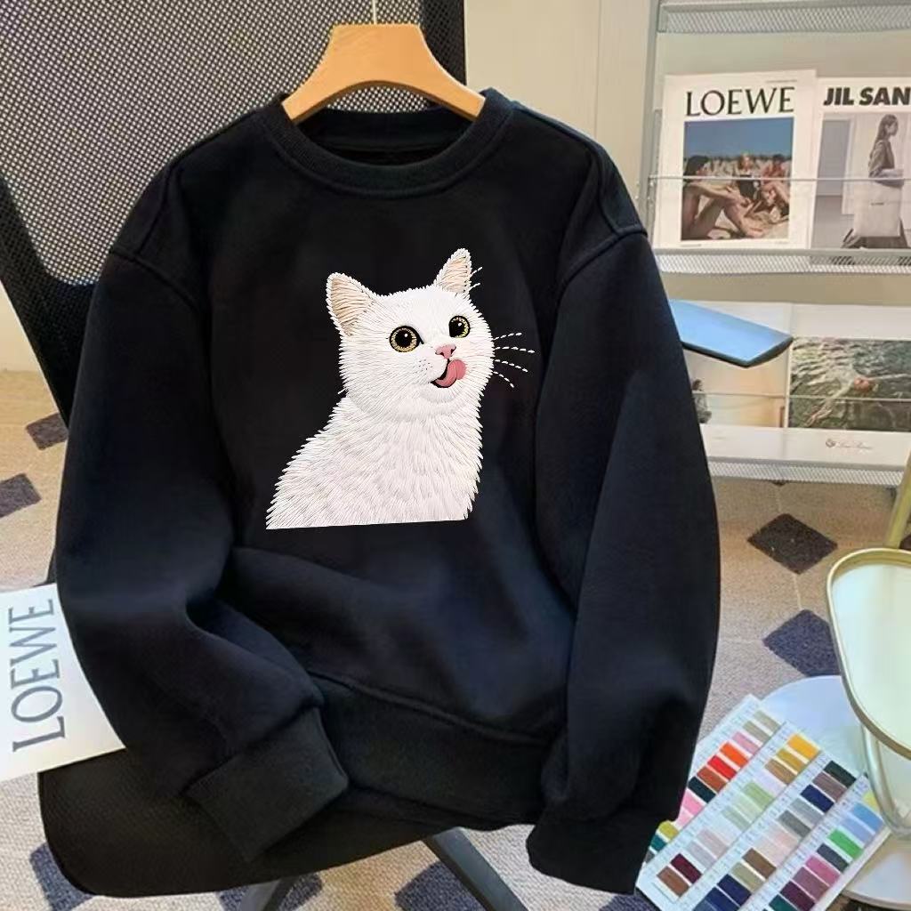 猫咪印花新款圆领卫衣宽松长袖上衣无帽加绒加厚韩版套头女潮可爱