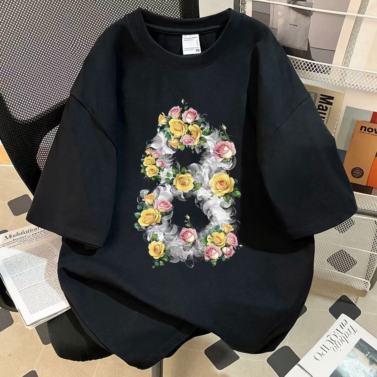 2026美式高街复古个性花卉印花宽松落肩休闲圆领百搭短袖T恤男生,男装,T恤,淘宝优惠券,粉丝福利购,淘宝优惠卷