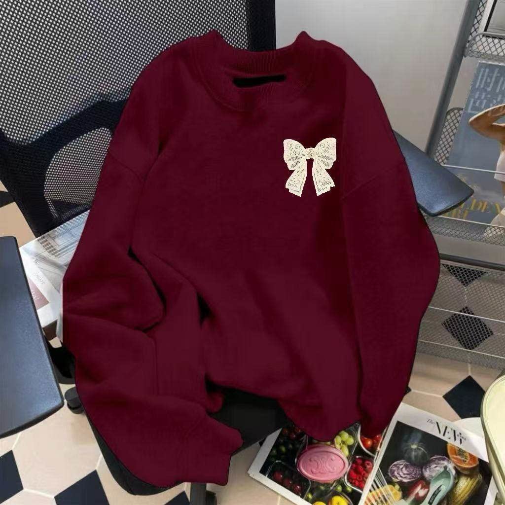 新年红色蝴蝶结圆领印花卫衣女秋2026新款加绒宽松慵懒上衣