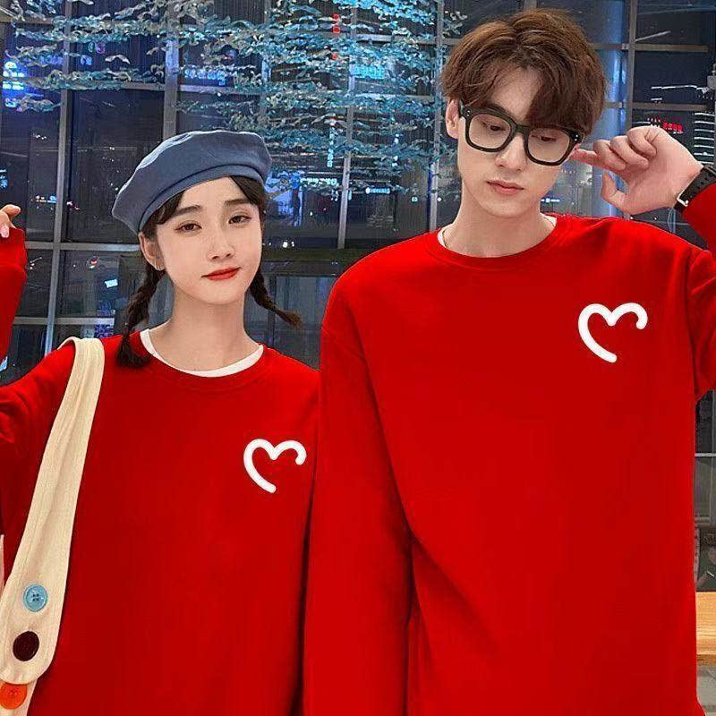 红色情侣装卫衣男女秋冬款2026新款圆领加绒宽松无帽上衣蛇年衣服