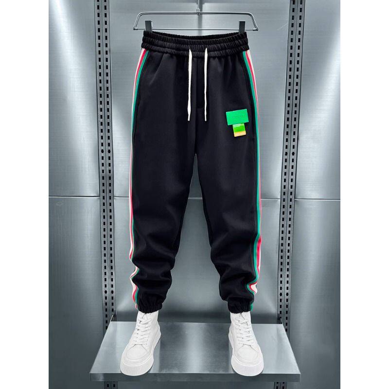 秋冬款男士运动裤网红新款痞帅加绒休闲高级感春季条纹九分小脚裤