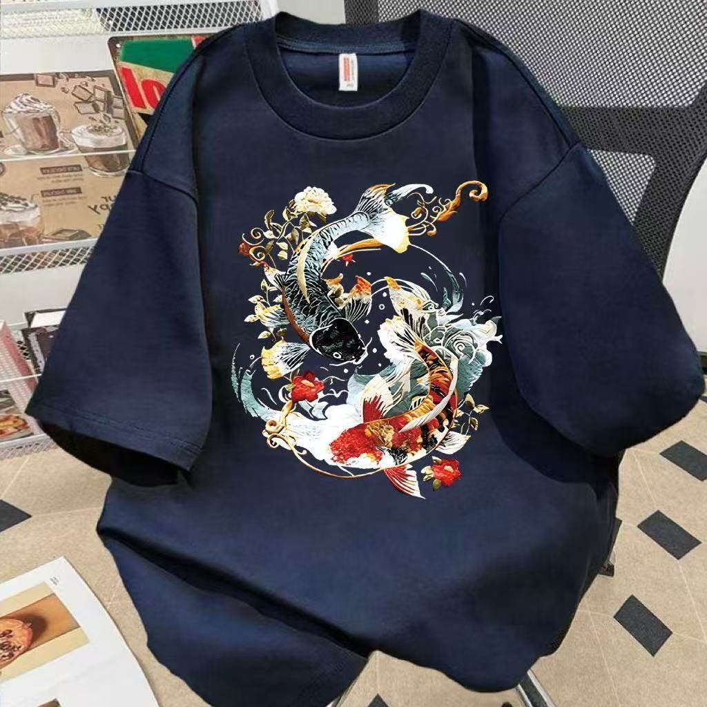 夏季新款短袖t恤男士花开锦鲤图印花国潮中国风圆领修身上衣