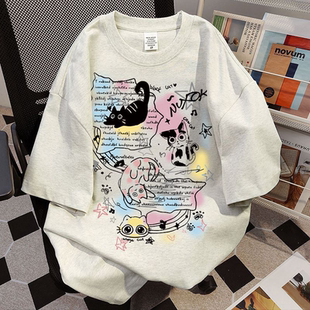 衫 夏季 休闲宽松小众圆领印花情侣上衣半袖 T恤美式 纯棉设计感短袖