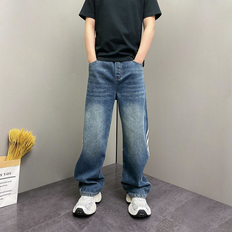 秋季设计感蓝色微喇牛仔裤男宽松侧边条纹阔腿裤美式高街拖地直筒