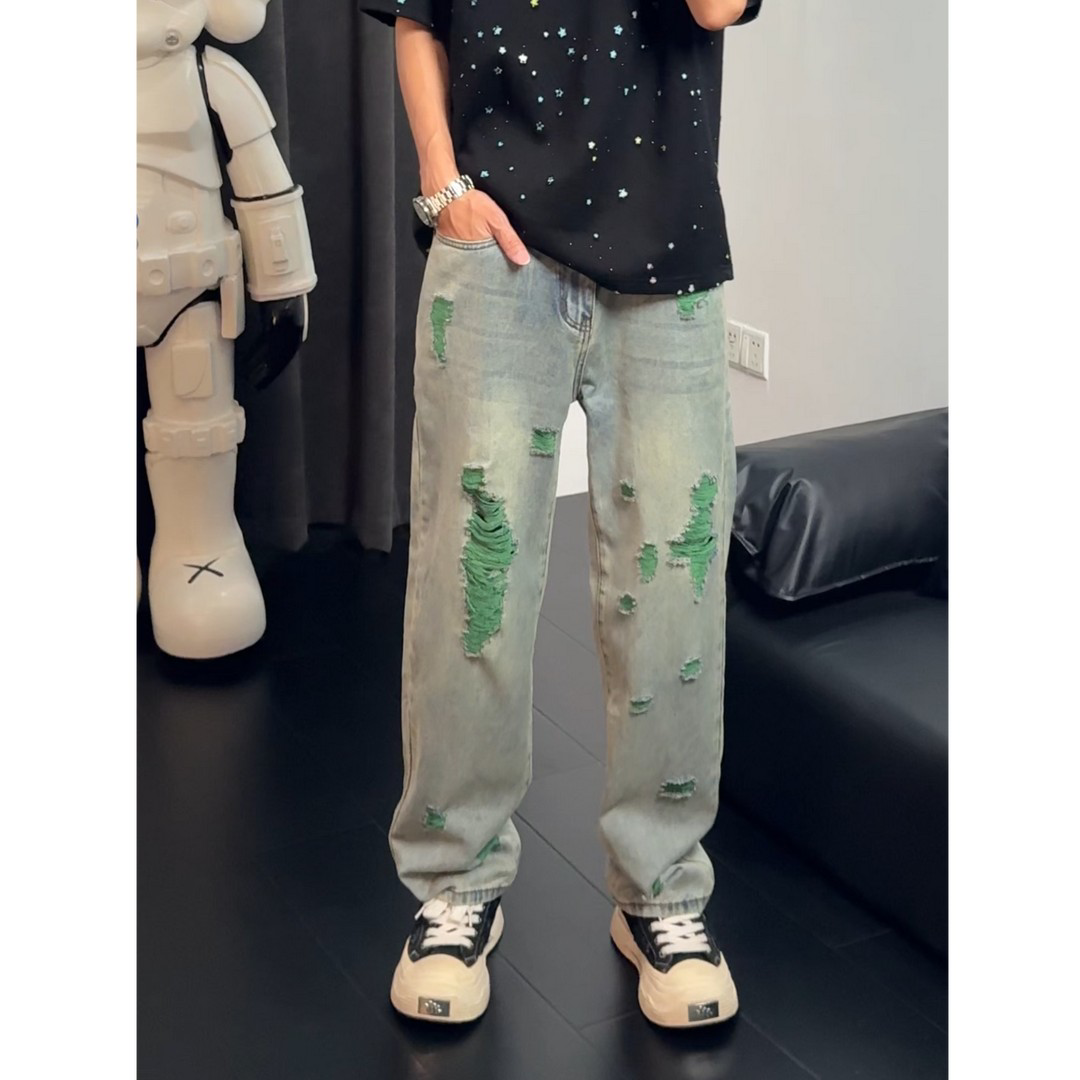 原创潮牌设计感夏季薄款高街破洞牛仔裤男宽松直筒休闲时尚裤子男