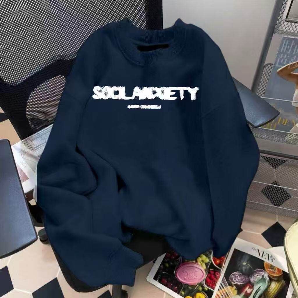 秋冬美式新款圆领加绒加厚无帽卫衣男女春秋韩版宽松百搭情侣上衣