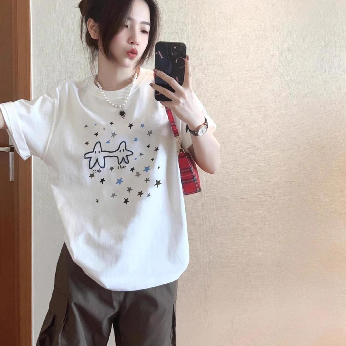 新款星星印花短袖t恤女2026宽松设计感女装百搭半袖衣服大码白色