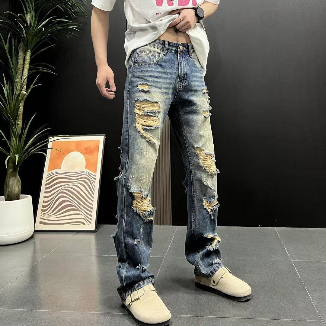 春夏设计款复古大破洞窄版直筒水洗做旧男士显高显瘦百搭牛仔长裤