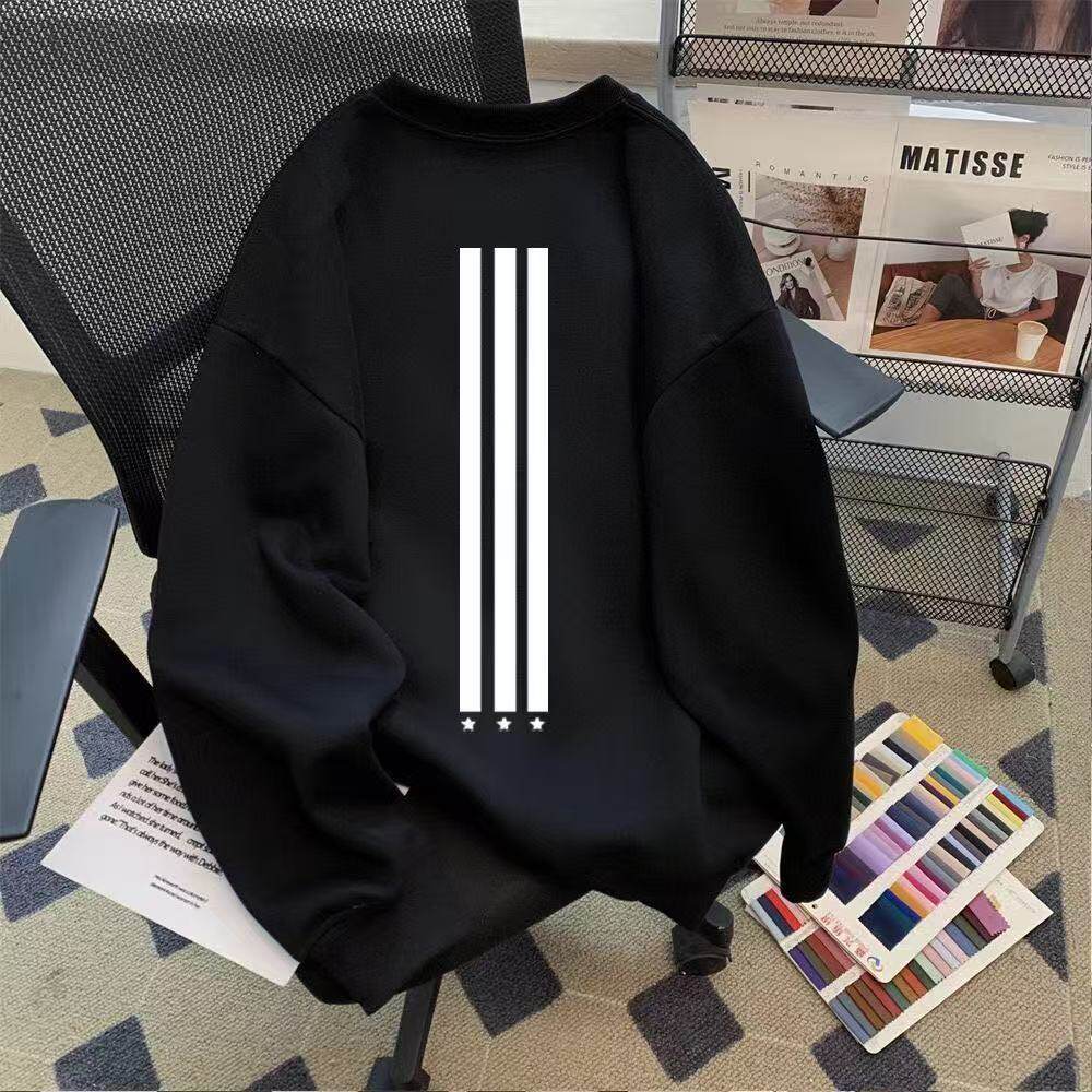 美式潮牌复古条纹印花圆领长袖上衣冬季加绒加厚休闲保暖无帽卫衣