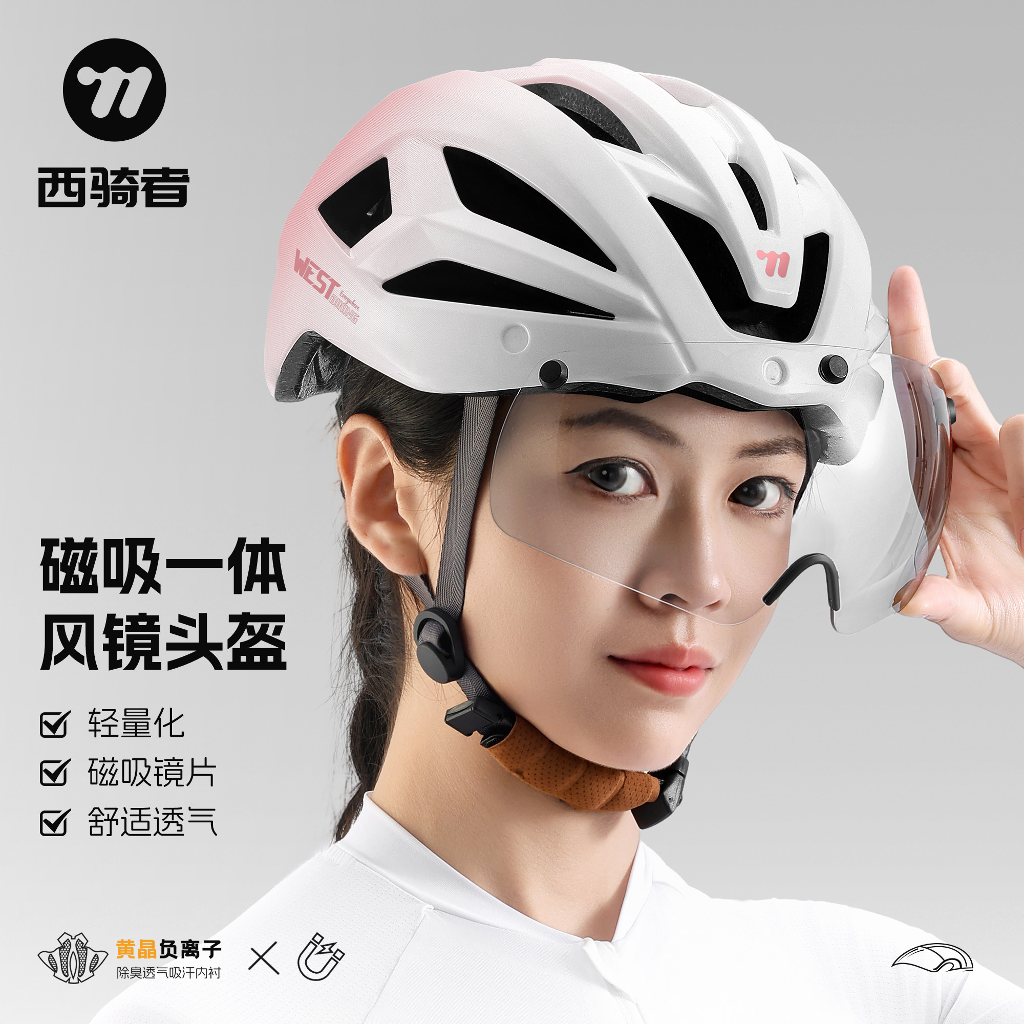 西骑者磁吸风镜头盔一体成型头盔
