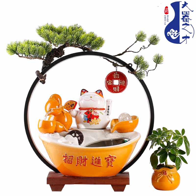 大师艺术高端新中式摇手灯圈招财猫流水摆件开业乔迁送礼品