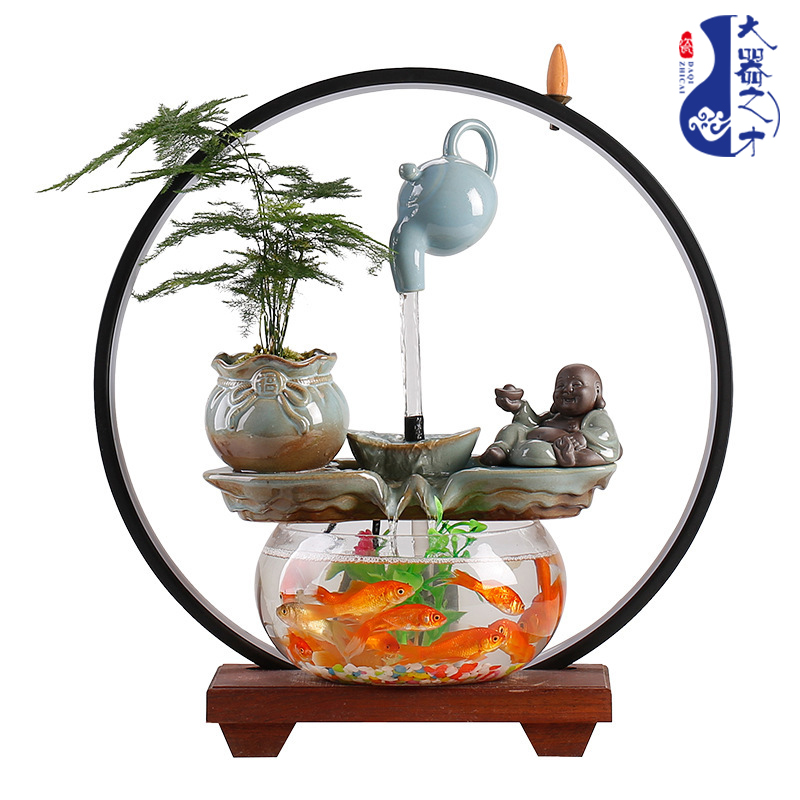 大师艺术高端新中式创意流水生财金鱼缸摆件循环造景装饰客厅办公