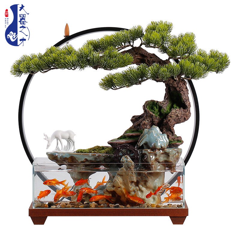 大师艺术高端新中式流水玻璃鱼缸装饰摆件客厅生态造景循环水桌面