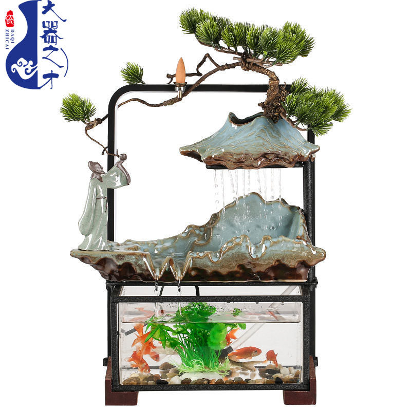 大师艺术高端新中式假山转运球摆件灯圈鱼缸客厅创意礼品