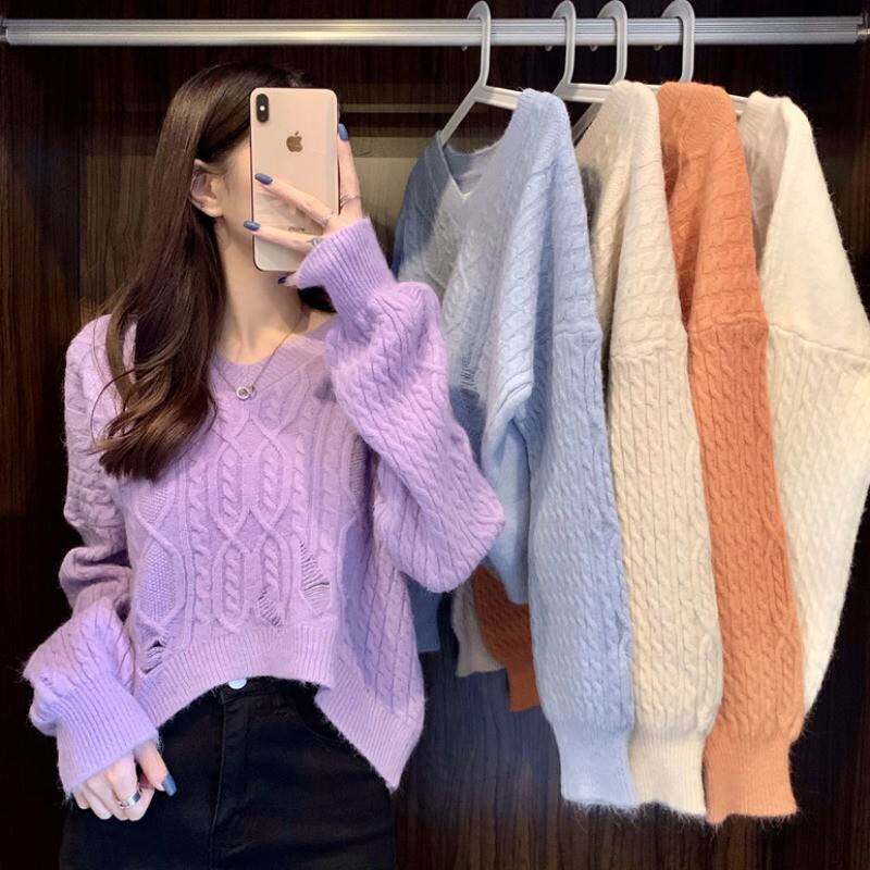 破洞麻花毛衣女针织衫套头V领宽松慵懒秋冬短款打底百搭上衣女装
