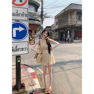 YIYIWANG卡其色收腰无袖上衣短裤