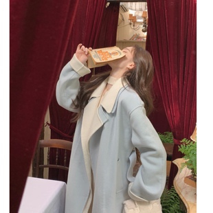 YIYI 韩剧女主出现～海盐蓝白双层翻领羊毛双面呢大衣女外套 WANG