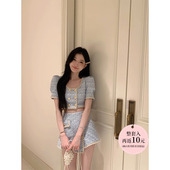 方领小香上衣高腰半身裙套装 蓝色法式 巴厘岛假期 YIYIWANG