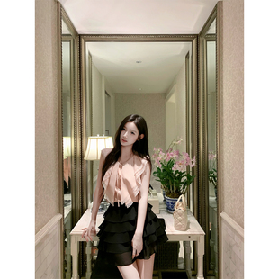 女温婉系带无袖 YIYIWANG 轻熟蕾丝拼接粉色小衫 法式 上衣 草莓苏打