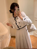 WANG 精致千金 短款 YIYI 撞色小香风外套白色气质半身裙套装