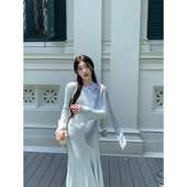 YIYIWANG 两色露肩蝴蝶结系带鱼尾针织连衣裙收腰显白气质长裙