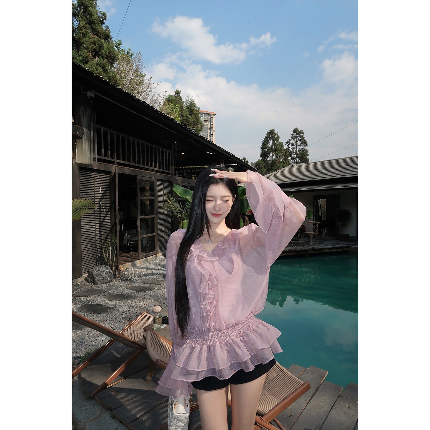 YIYIWANG 南洋假日 温柔仙女紫低腰荷叶边衬衫上衣（送蕾丝吊带）