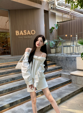 YIYIWANG  千金下午茶 白色蝴蝶结露肩衬衫上衣半身裙套装女