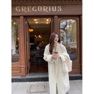 领双面尼长款 YIYI 奶白西装 初恋心动feel 大衣女双排扣外套 WANG