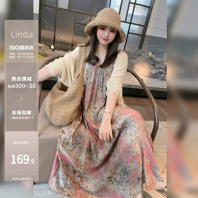 【Linda姐高端线】时尚复古出游穿搭印花吊带裙连衣裙AS4LYH261