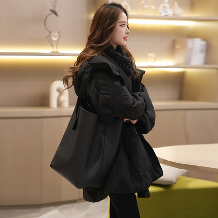 Linda大姐姐 黑色连帽中长款棉服女宽松显瘦加厚保暖外套2025冬