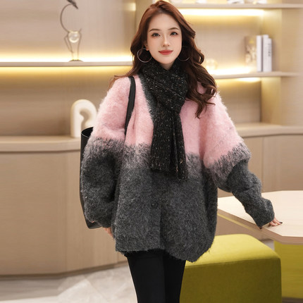 Linda大姐姐 温柔慵懒风马海毛开衫女冬季宽松加厚保暖毛衣外套