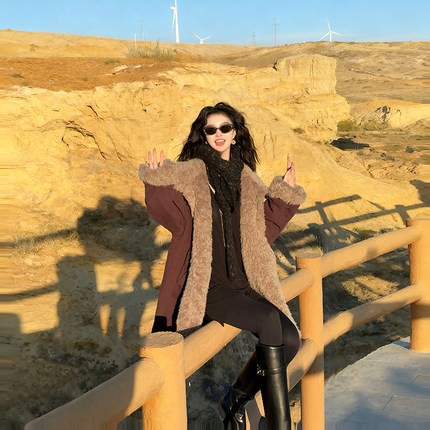 【Linda姐高端线】冬季时尚加绒保暖宽松巴恩派克外套仿皮毛一体