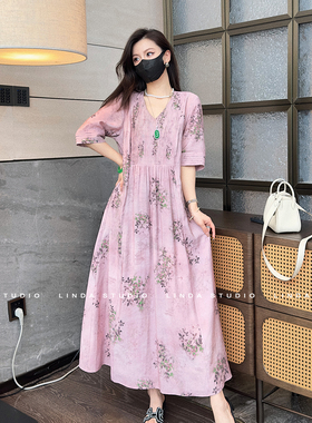 【Linda姐高端线】粉色气质印花连衣裙女夏季v领裙子AS4LYH0682