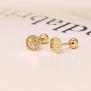 笑脸耳钉18k黄金拧螺丝圆球耳堵彩金耳饰女Au750玫瑰金耳骨钉短针
